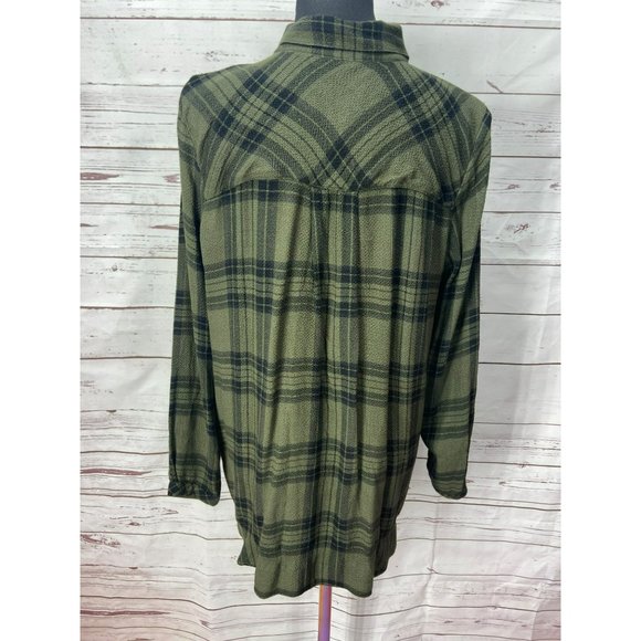 Side Stitch Green Plaid Size Medium Button‎ Up Hi Low Blouse - Picture 3 of 5